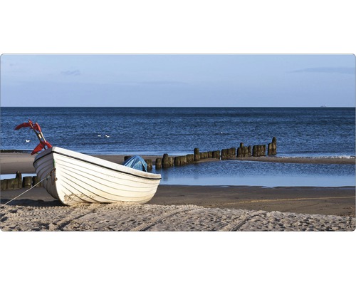 Obklad do kúpeľne mySPOTTI aqua Boat 90x45 cm Biely čln leží na pláži s výhľadom na more