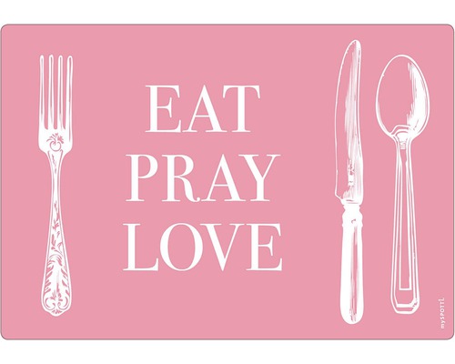 Obkladový panel do kuchyne mySPOTTI pop Prostřeno 41x59 cm Dekoratívne prestieranie s vidličkou, nožom, lyžicou a nápisom Eat Pray Love