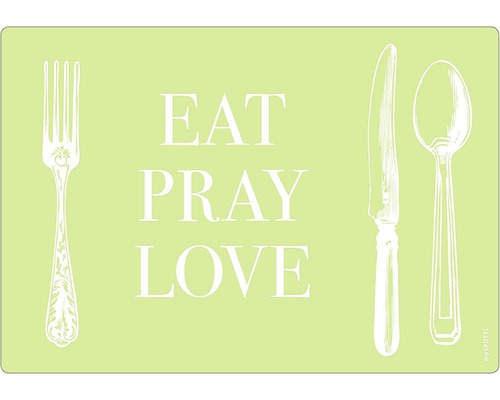 Obkladový panel do kuchyne mySPOTTI pop Prostřeno 41x59 cm Dekoratívny plagát s nápisom Eat Pray Love, vidličkou, nožom a lyžicou