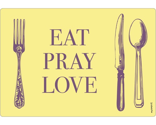 Obkladový panel do kuchyne mySPOTTI pop Prostřeno 41x59 cm Prestieranie s vidličkou, nožom, lyžicou a nápisom Eat Pray Love