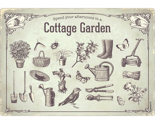 Obkladový panel do kuchyne mySPOTTI pop Cottage garden 41x59 cm Ilustrácia záhrady pri chate so záhradným náradím a rastlinami