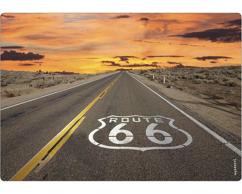 Obklad do kuchyne mySPOTTI pop Route 66 41x59 cm Fotografia prázdnej cesty s namaľovanou Route 66 pod zamračenou oblohou pri západe slnka.