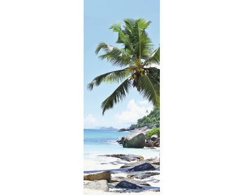 Pohľad na pláž so skalami a palmou