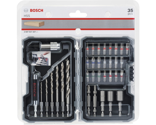 Logo spoločnosti Bosch. Súprava 35 vrtákov a bitov na drevo v plastovom boxe.