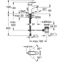 Technický nákres umývadlovej batérie s rozmermi