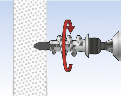 Ilustrácia inštalácie hmoždinky do dutých stien s rotačným pohybom
