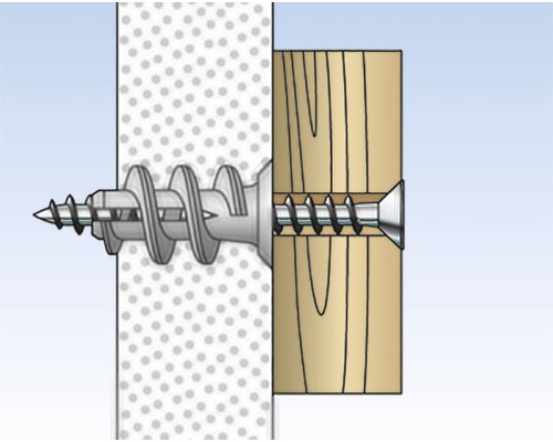 Ilustrácia skrutky s hmoždinkou v stene a dreve