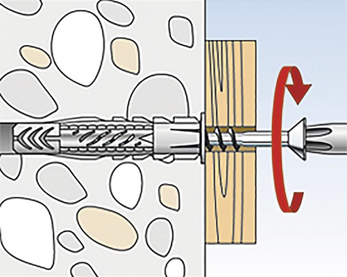 Ilustrácia skrutky zaskrutkovanej do hmoždinky v kamennej stene, upevňujúcej drevenú dosku.