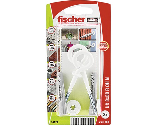 Univerzálna hmoždinka Fischer UX 8x50 OE s okom 4 ks Fischer univerzálna hmoždinka UX 8x50 s kruhovou skrutkou, 2 kusy