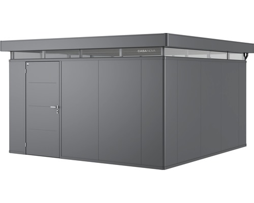Plechový záhradný domček Biohort CasaNova 4x4 ľavé dvere 404x404 cm tmavosivý metalický Moderný záhradný domček s dverami a okenným pásom