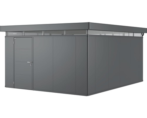 Plechový záhradný domček Biohort CasaNova 4x5 ľavé dvere 404x504 cm tmavosivý metalický Záhradný domček s dverami a okennými prvkami