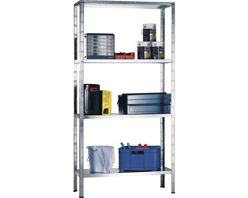 Kovový regál Schulte 4006-V 1500x800x300 mm, 4 police, nosnosť 240 kg, pozinkovaný Kovový regál s piatimi policami a rôznymi predmetmi