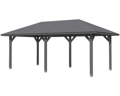 Voľne stojaci pavilón s drevenou strechou a drevenými stĺpikmi.