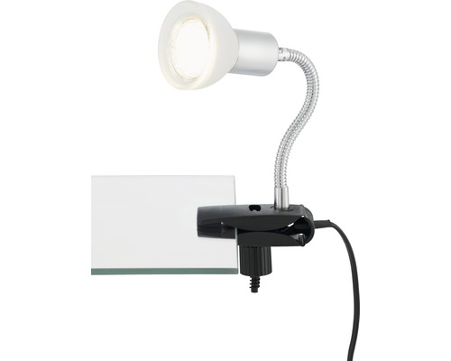 Svietidlo s klipom, strieborným, flexibilným ramenom a bielou hlavou lampy