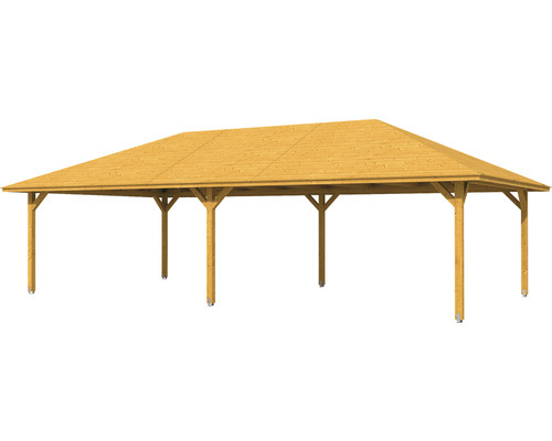 Drevený pavilón s obdĺžnikovou strechou a podpornými stĺpikmi