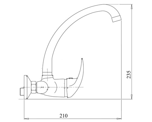 Technický nákres kuchynskej batérie s rozmermi 210 mm a 235 mm.