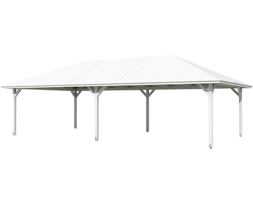 Voľne stojace biele drevené zastrešenie so sedlovou strechou.