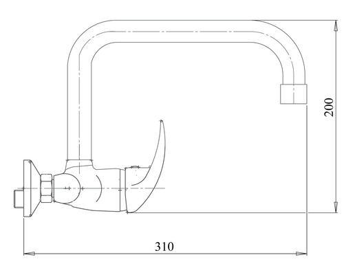 Technický nákres nástennej batérie s rozmermi 310 x 200 mm.