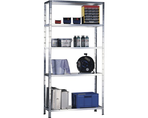 Kovový regál Schulte 4518-V 2000x1000x350 mm, 5 políc, nosnosť 425 kg, pozinkovaný Kovová polica s piatimi úrovňami a rôznymi predmetmi