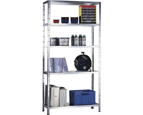 Kovový regál Schulte 4519-V 2000x1200x350 mm, 5 políc, nosnosť 425 kg, pozinkovaný Regál s piatimi úrovňami a rôznymi predmetmi
