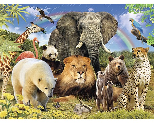 Ilustrácia rôznych zvierat ako slon, lev, žirafa a gepard v prirodzenom prostredí