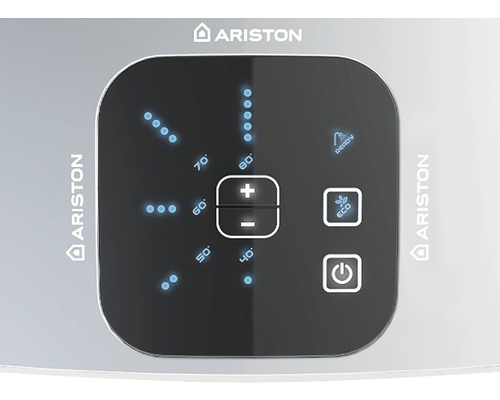 Logo Ariston a ovládací panel ohrievača vody s regulátorom teploty, tlačidlom Eco a tlačidlom zapnutia-vypnutia