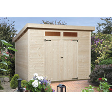 Drevený záhradný domček s dvojkrídlovými dverami a oknami