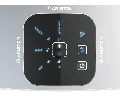 Logo Ariston, ovládací panel ohrievača vody s ukazovateľom teploty, tlačidlom Eco a vypínačom