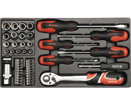 Sada náradia Yato s kľúčmi, skrutkovačmi a nástrčnými kľúčmi v úložnom boxe