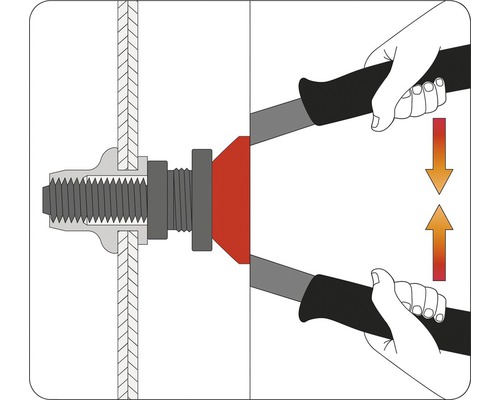Ilustrácia nitovacích klieští, ktoré vkladajú nit do obrobku.