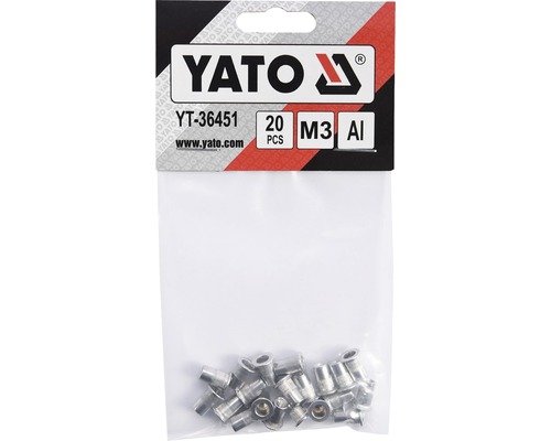 Logo Yato, 20 kusov hliníkových nitov M3 v balení