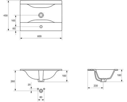 Technický nákres umývadla s rozmermi.