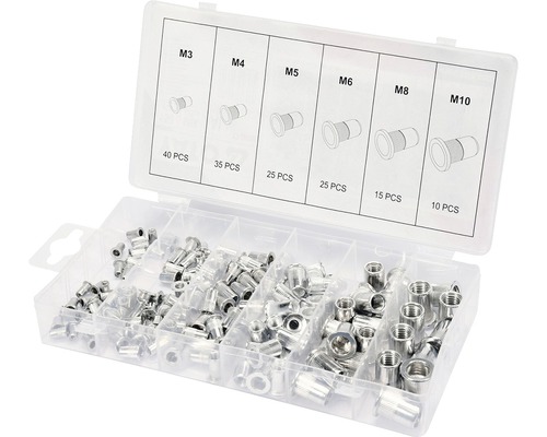 Sortimentný box s nitovacími maticami veľkostí M3, M4, M5, M6, M8 a M10