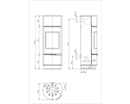 Rozmerový nákres kachlí s pohľadmi spredu, zboku a zhora