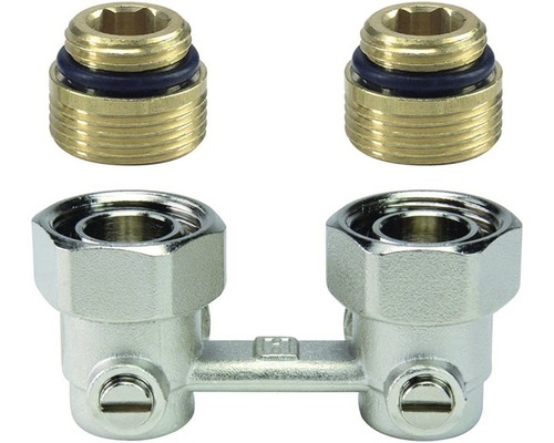 Skrutkový spoj pre pripojenie radiátora s dvoma mosadznými adaptérmi