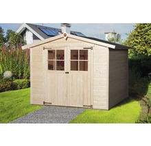 Záhradná drevená búda s dvojkrídlovými dverami a oknami