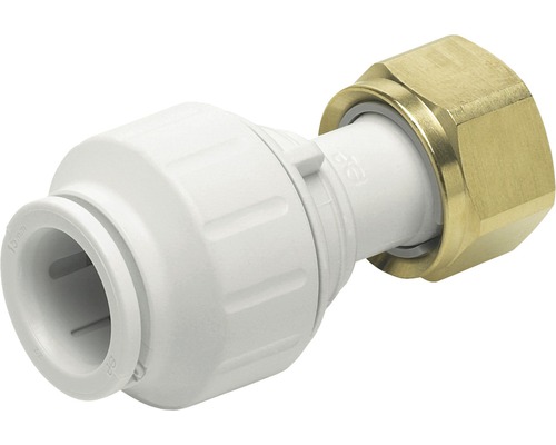 Spojka z plastu a mosadze pre sanitárne inštalácie