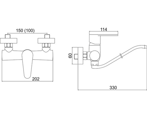 Technický nákres kuchynskej batérie s rozmermi.