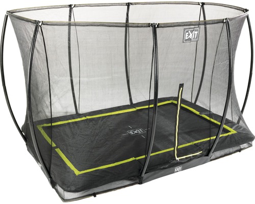 Obdĺžniková záhradná trampolína so sieťou.