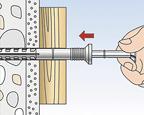 Ilustrácia montáže hmoždinky cez stenu a kus dreva