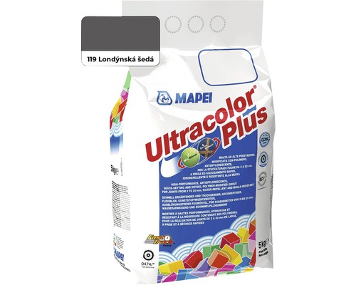 Škárovacia hmota Mapei Ultracolor Plus 119 londýnska šedá 5 kg Mapei Ultracolor Plus škárovacia hmota, 5 kilogramové balenie, farba Londýnska sivá