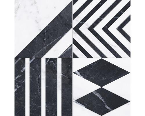 Dlažba imitácia mramoru Velvet geo negro 33,15 x 33,15 cm Vzor dlaždíc s geometrickými tvarmi v čiernej a bielej farbe