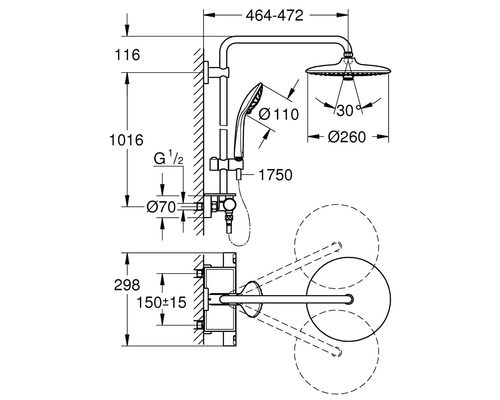 Technický výkres sprchovej súpravy s rozmermi