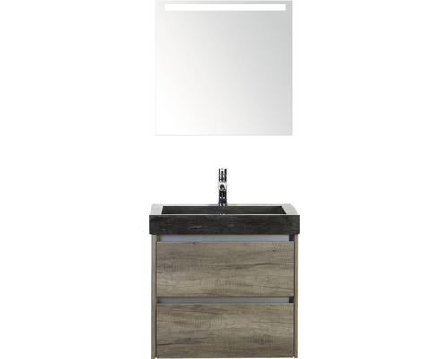 Kúpeľňový nábytkový set Dante 60 cm s umývadlom z prírodného kameňa a zrkadlom s LED osvetlením dub Nebraska