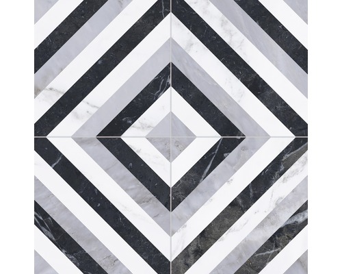 Dlažba imitácia mramoru Velvet geo diamond 33,15 x 33,15 cm Vzor z čiernych, bielych a sivých mramorových dlaždíc