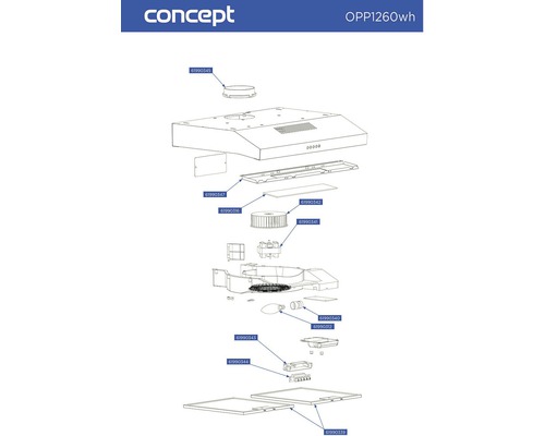Rozkreslený nákres digestora Concept zobrazujúci rôzne komponenty