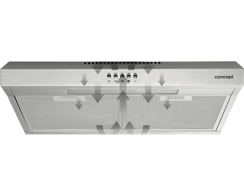 Kovový digestor s ovládacími gombíkmi a integrovaným filtrom