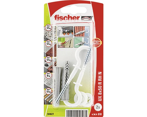 Univerzálna hmoždinka Fischer UX 8x50 s okrúhlym hákom 2 ks Fischer univerzálna hmoždinka UX 8 x 50 R RH N, dva kusy, so skrutkovacími hákmi a nylonovými hmoždinkami