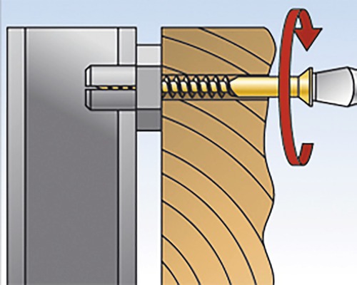 Ilustrácia skrutky zaskrutkovanej do dreva a kovu so šípkou smeru otáčania