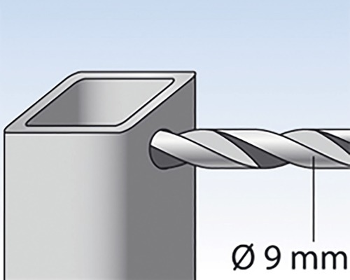 9 milimetrový vrták vŕta cez štvorhrannú rúrku